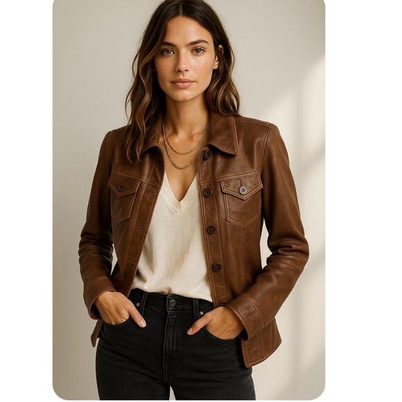 VTG J. Jill Chocolate Brown Leather Jacket Effortless Chic 90s Minimalist XXS - Picture 2 of 11